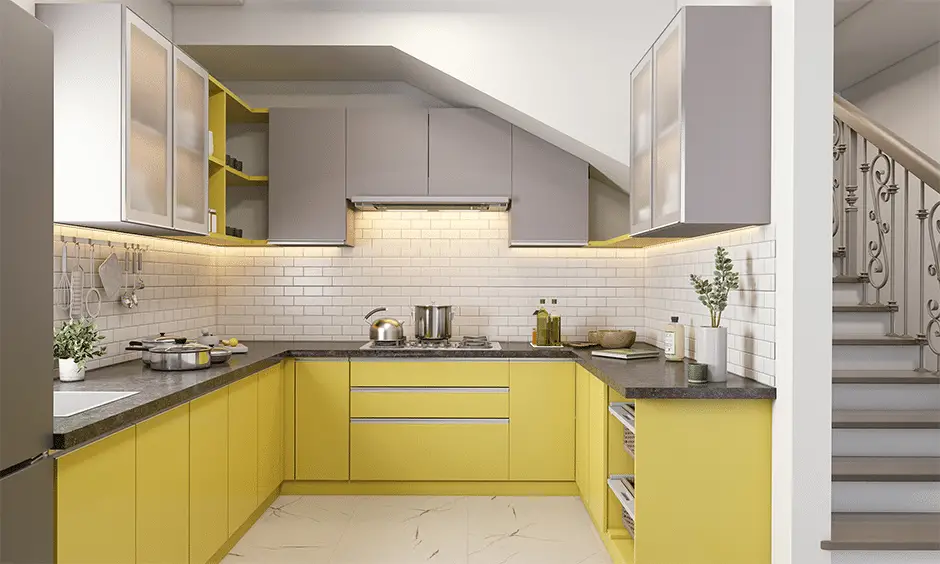 Colorful kitchen under the stairs ideas