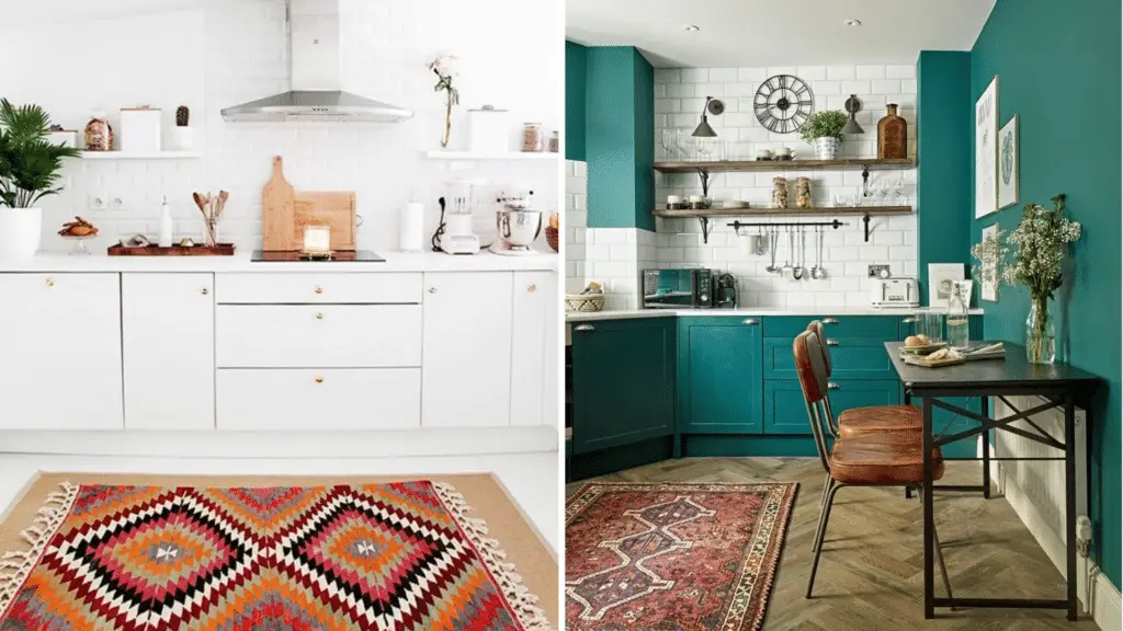 Add a rug to zone the kitchen area and make small kitchen look bigger