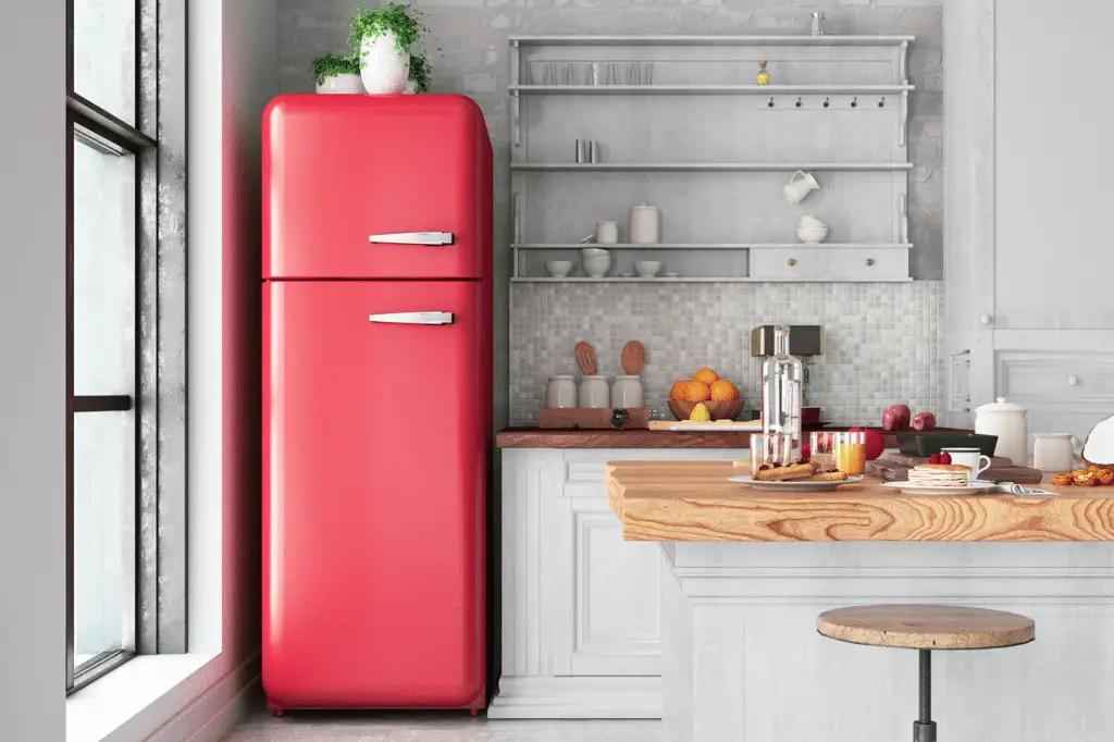 A kitchen will tall refrigerator