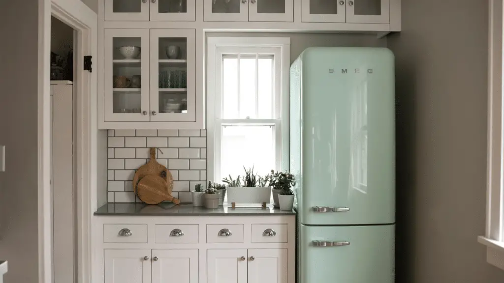 A kitchen will tall refrigerator