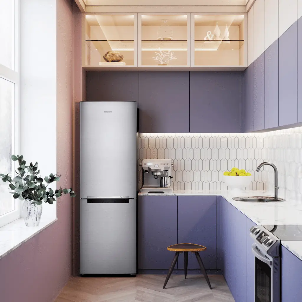 Samsung Slim Refrigerator RB10FSR4ESR in a small kitchen