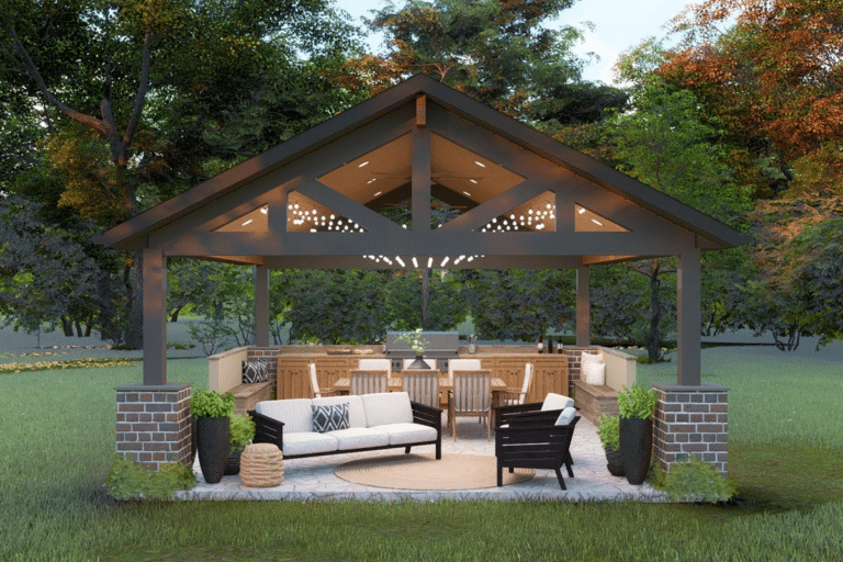 Illuminate Your Outdoor Oasis: A Guide to Lighting and Ambiance in Kitchen and Fireplace Pavilions